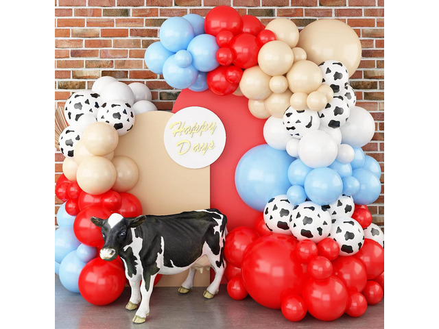 Farm Animal Theme Balloon Garland Arch Kit Red Blue White Latex Balloons Garland with Cow Print Balloons for Kid Barn Yard Farmhouse Country...