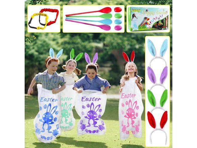 18PACK Easter Party Games for Kids, Easter Potato Sack Race Bags,Bunny Ears Headbands, Egg and Spoon Race Games,Legged Relay Race Bands,Easter...