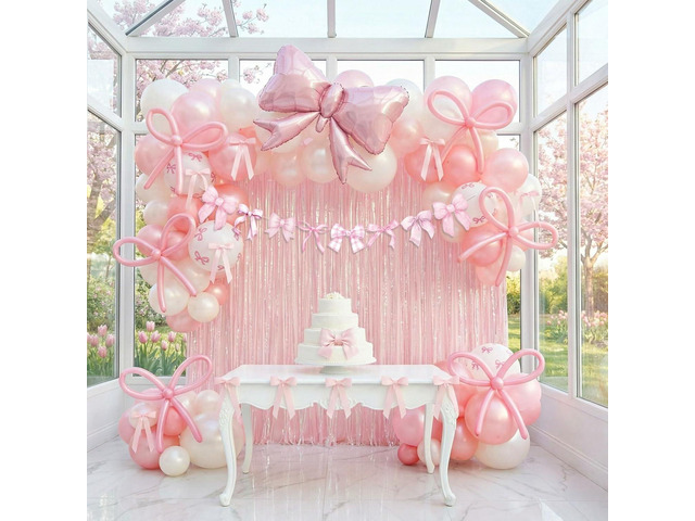 Pink White Bow Birthday Decorations for Adults and Women with Pearl Pink and Big Bow Shape mylar Balloons Ribbon Bow and Banner Pearl Fringe...