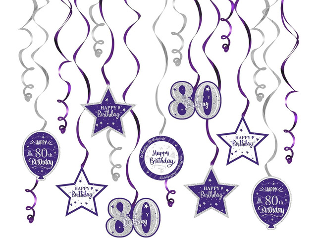 Happy 80th Birthday Purple & Silver Glitter Swirls Streamers Party Decorations - 15 Pcs 80th Birthday Hanging Swirls Streamers Kit,Cheers to Eighty...