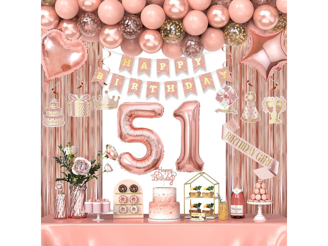 51st Birthday Decorations for Women Girls, Happy 51 Birthday Decorations for Her, Rose Gold Birthday Party Supplies with Banner, Number Balloons,...