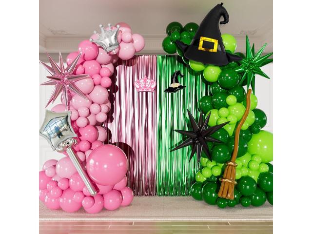 Pink and Green Balloon Garland Arch Kit - Witch Balloon Arch Kit, Pink Green Balloons and Foil Fringe Curtains, Witch Hat Crown Exploding Star...