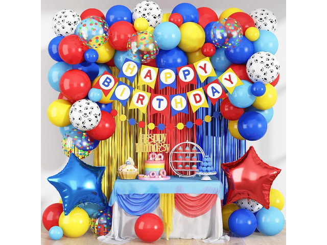 Birthday Decorations for Boys, Dog Party Decorations Red Yellow Light Blue Star Foil Balloons Happy Birthday Banner Fringe Curtain Backdrop for...