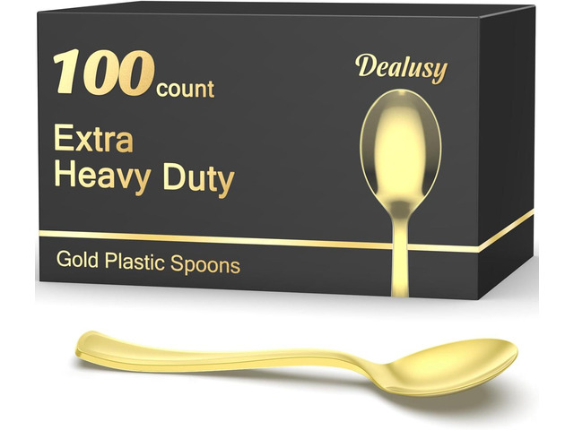 Dealusy 100 Count Heavy Duty Gold Plastic Spoons Disposable, BPA-Free, Heat Resistant, Solid and Durable Premium Plastic Disposable Spoons for...