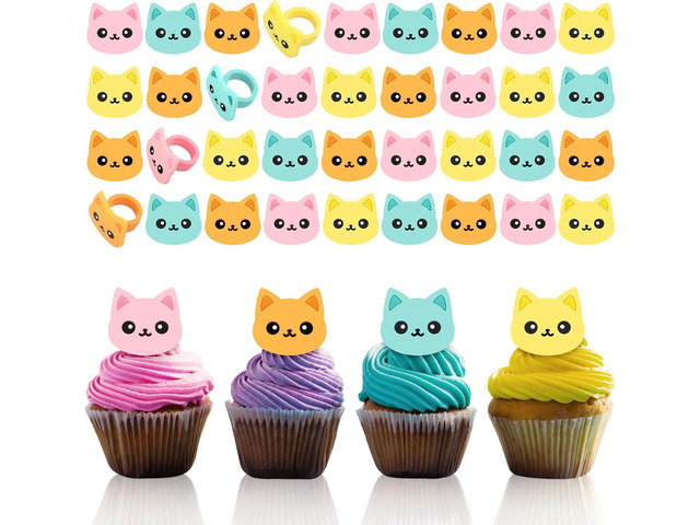 Chuangdi 48 Pieces Cat Cupcake Rings Cute cake Toppers Rings Colorful Cat Birthday Cupcake Decorations for Pet Themed Party Supplies, 4 Styles