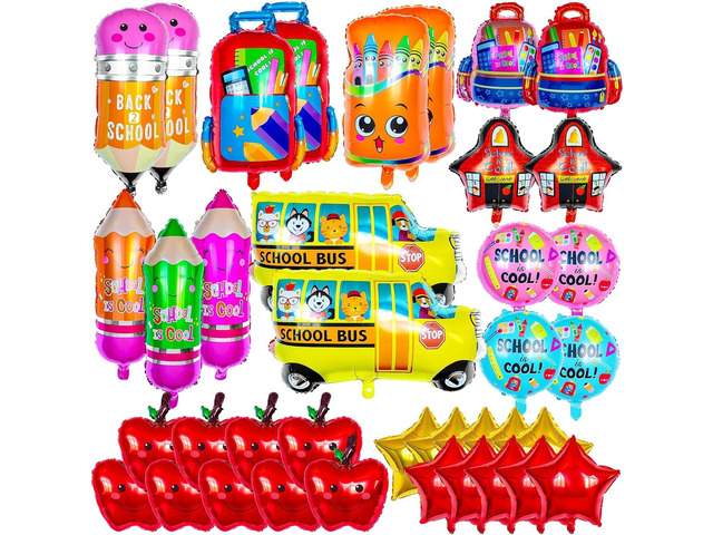 38 Pcs Back to School Balloons, School Helium Mylar Balloon, Apple Pencil Crayon Bus Helium Foil Balloons for Party Supplies