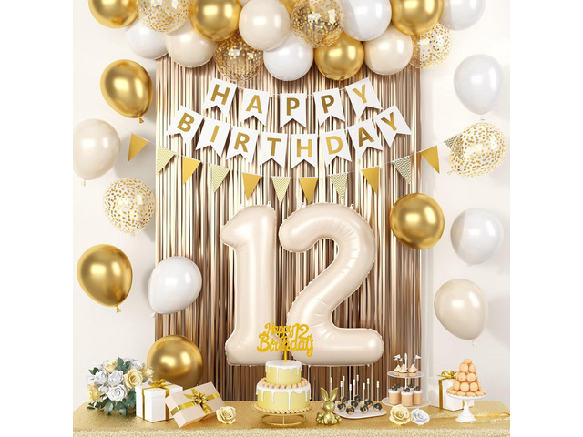 White Gold Birthday Decorations, 12th Happy Birthday Party Decorations With Cream White Number 12 Balloons Beige Latex Balloons Banner Champagne...