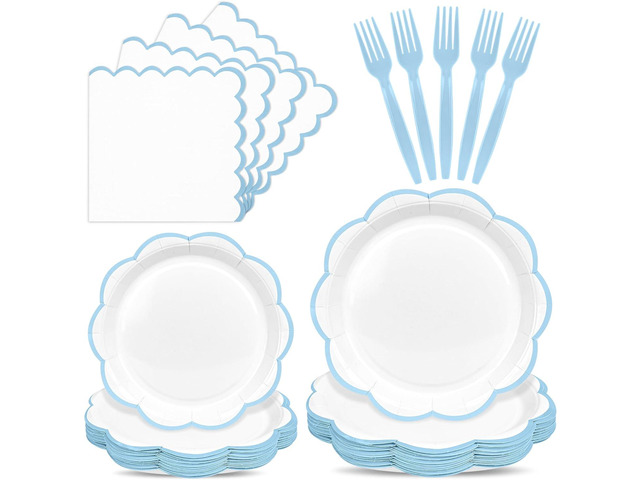 96 Pcs Light Blue and White Paper Plates and Napkins Set, Tableware set for 24 Guest include White Dessert Plates with baby Blue Scalloped Edge,...