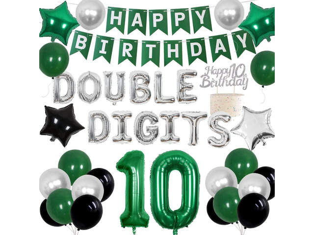 Cheereveal 10th Birthday Decorations - Green Double Digits Party Supplies for Boys & Girls - Happy Birthday Banner & Cake Topper
