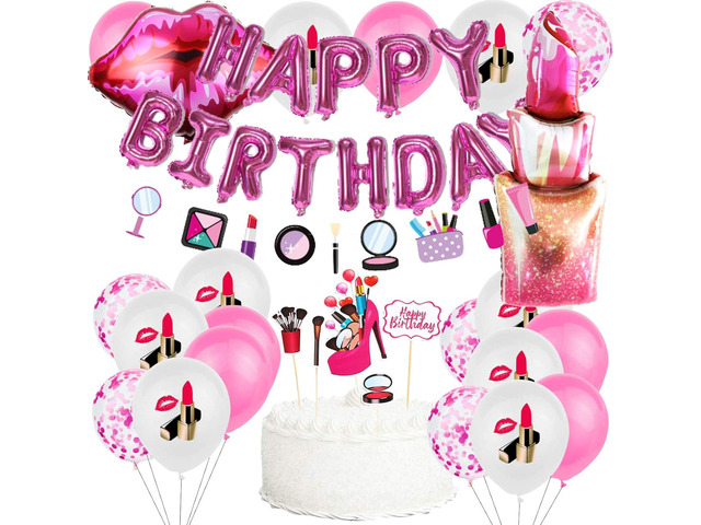 SPA Makeup Party Supplies with Spa Latex Balloon,Lipstick Foil Balloons,Happy Birthday Balloons Banner,Make Up Garland Banner Cake Toppers for Kids...