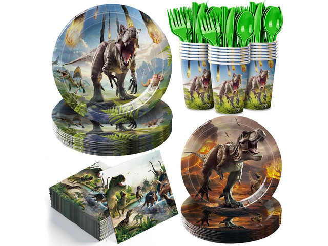 168pcs Dinosaur Party Supplies Dino Plates Napkins Disposable Tableware Set Paper Cups Green Forks Dinosaur Birthday Party Decorations for Boys...