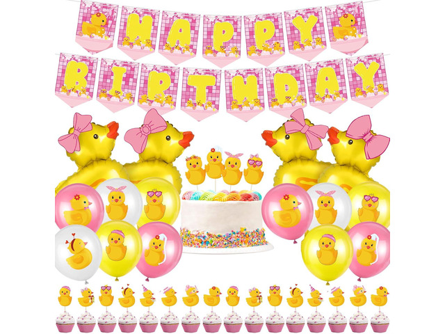 Leitee 57 Pcs Pink Duck Birthday Decorations Balloons Party Happy Birthday Banner Cake Topper Cupcake Toppers Rubber Duck Decor for Birthdays Party...