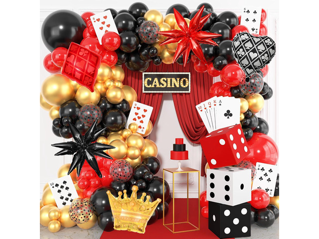 144PCS Casino Theme Party Decorations Dice Boxes, Casino Balloon Arch Garland Kit Black Red Gold Dice Crown Poker Star Foil Balloons for Las Vegas...