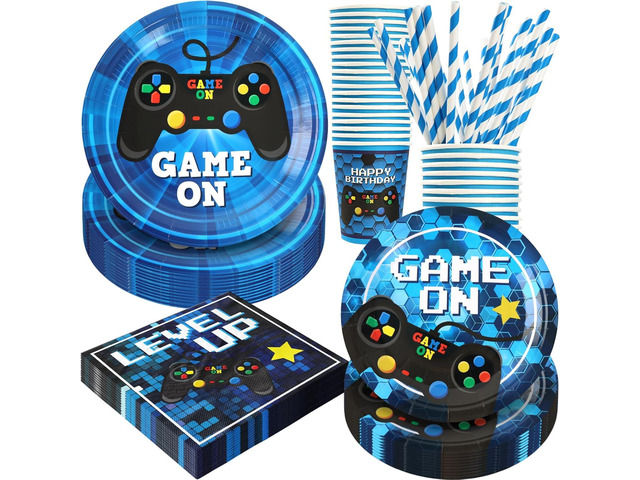 Video Game Birthday Party Decorations, 120Pcs Gaming Party Supplies Disposable and Engaging Tableware Includes Paper Plates, Napkins, Cups and...