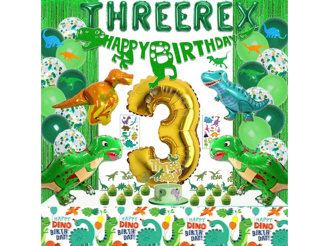 Three Rex Birthday Party Decorations Boy, Dinosaur 3rd Birthday Party Supplies Include Banner Tablecloth Fringe Curtains Three Rex Balloons Cake...