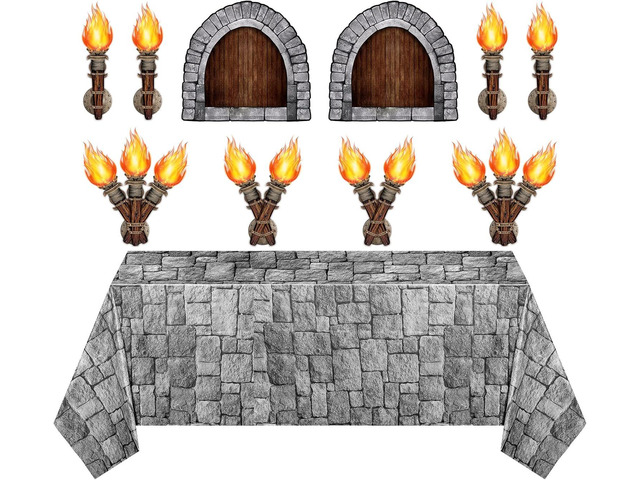 Zonon 11 Pcs Medieval Scene Setter Set Window Torch Props Plastic Brick Tablecloth Knight Themed Castle Decorations Medieval Party Decorations for...