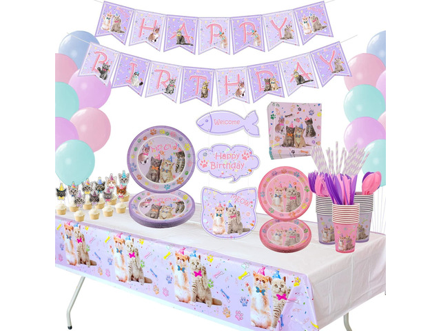Cat Birthday Party Supplies Set, Kitten Disposable Tableware Includes Happy Birthday Banner, Spoons, Fork, Plates, Tablecloth, Cups, Balloon,...