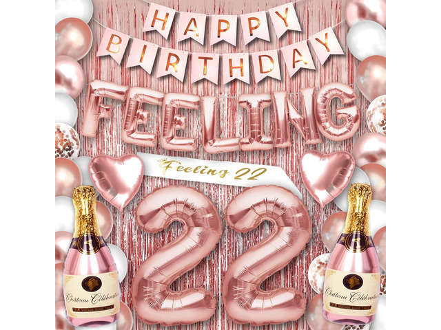 PartyForever 22nd Birthday Decorations for Women and Girls Rose Gold with Birthday Banner and Digit Balloons Including Text Balloon Letters Party...