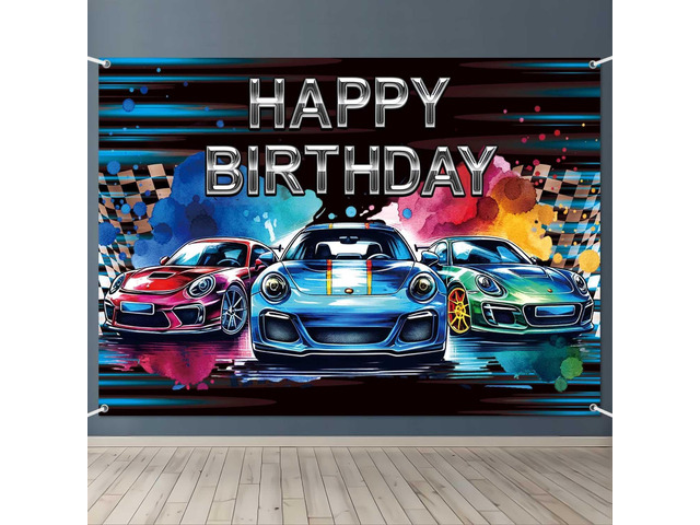 7x5ft Car Happy Birthday Banner Backdrop Racing Car Birthday Party Decorations for Boys Kids Watercolor Race Wheels Theme Party Photography...