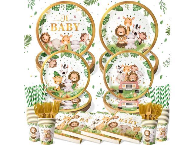 144 Pcs Safari Baby Shower Plates and Napkins (Serves 24 Guests), Plates Napkins Cups Straws and Forks Sets, Party Supplies, Jungle Safari Baby...