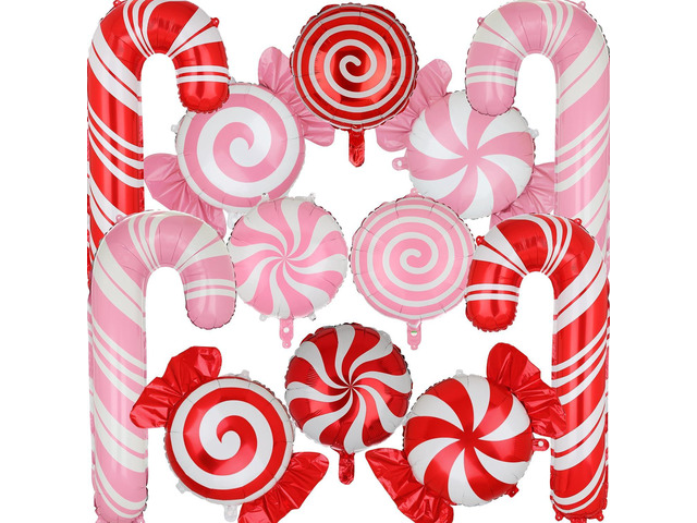Christmas Candy Balloon Set Candy Cane Mylar Balloons Red Pink Sweet Candies Candyland Xmas Gingerbread Theme Birthday Decor Supplies 12 Pcs