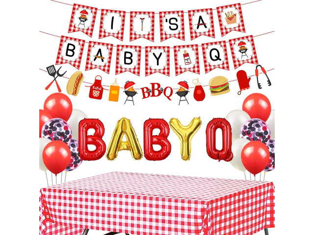 BBQ Baby Shower Decorations Baby Q Party Decorations for Girl Boy Gender Reveal Its a Baby Q Banner Red Checked Tablecloth for Picnic Party Supplies
