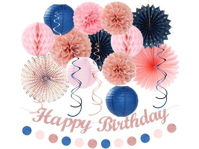 Pink Rose-Gold Navy-Blue Birthday Party-decorations - 21pcs Women Girl Happy Banner Garland, Paper Streamers Lanterns,Flower Tissue Pom Poms Fan...