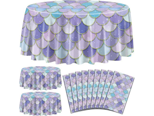 9 Pcs Mermaid Tablecloths, Round Ocean Sea Fish Scales Table Cloths for Girls Under The Sea Baby Shower Party Supplies, 84 x 84 Inch