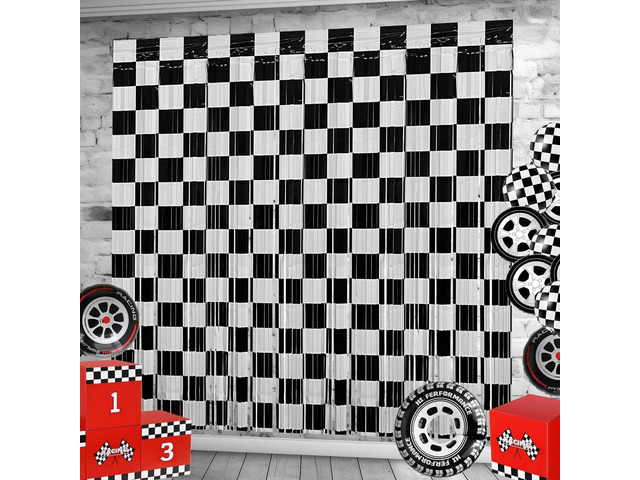 Race Car Foil Fringe Curtains Backdrop Birthday Party Decorations, 4 Pack 3.28 x 6.56 Ft Black White Foil Fringe Curtain Photo Booth Props Racing...
