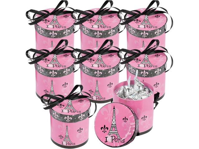 Fun Express Perfectly Paris Hat Treat Boxes with 28 Inch Satin Ribbons (set of 8) Party Decorations and Supplies