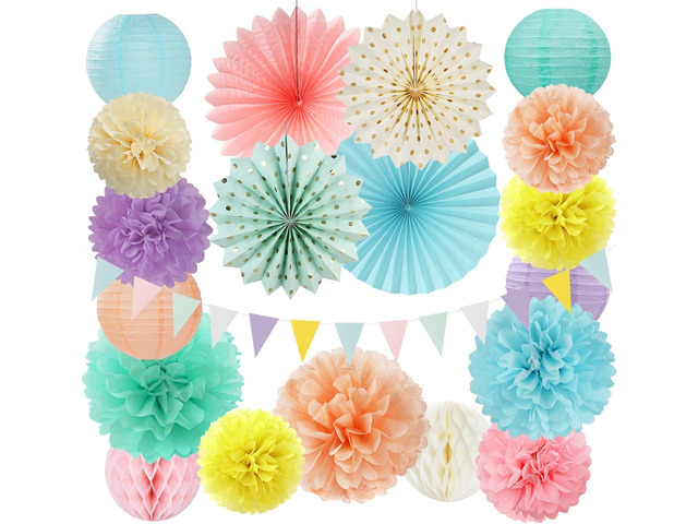 Pastel Rainbow Party-Decorations - 20pcs Pink Yellow Blue Classroom Ceiling Paper Lanterns Fans,Girl Birthday Tissue Pom Poms,Honeycomb...