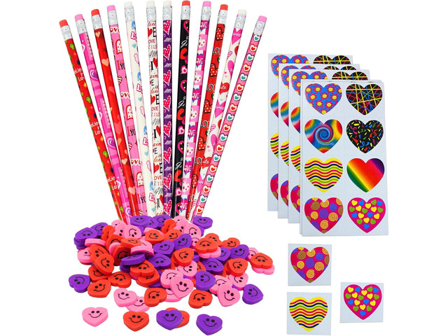 4E's Novelty 36 Set Valentines Day Stationary Gifts for Kids - 36 Pencils, 36 Heart Erasers, 104 Stickers - Valentines Classroom Exchange Toys,...