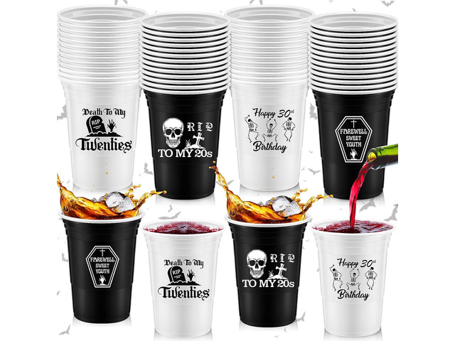 Rtteri 48 Pack Death to My 20s Cups Decorations 16 oz Rip to My 20s Cups Gothic Birthday Decorations 30th Birthday Black White Cup for 30th Party...