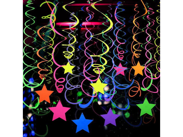 56 Pieces UV Hanging Swirls Decorations Paper Neon Streamer for Ceiling Star Neon Garlands Black Light Neon Decorations for Dark Glow Party...