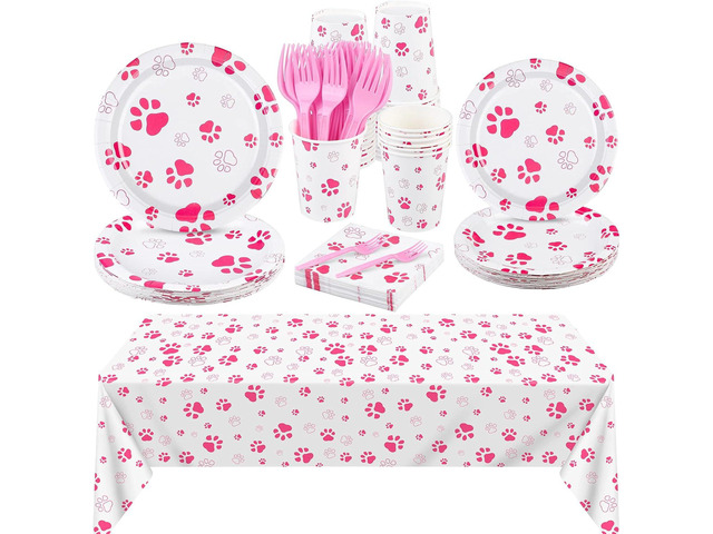 durony 121 Pieces Pink Paw Print Party Supplies Dog Birthday Tablecloth, Plates, Napkins, Forks and Paper Cups Decorations for Puppy Theme Party...