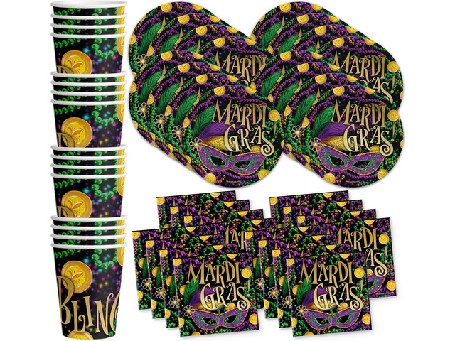 Mardi Gras Party Supplies Set Plates Napkins Cups Tableware Kit for 16