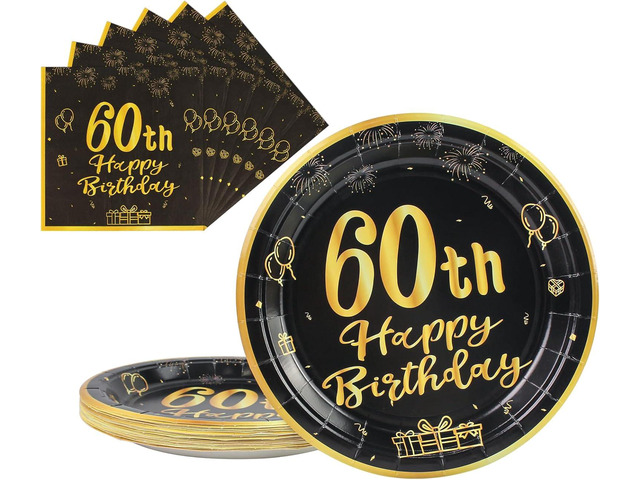 60th Paper Party Plates And Napkins 50pcs 9' Black Birthday Party Dessert Tableware Happy Birthday Decorations Party Supplies