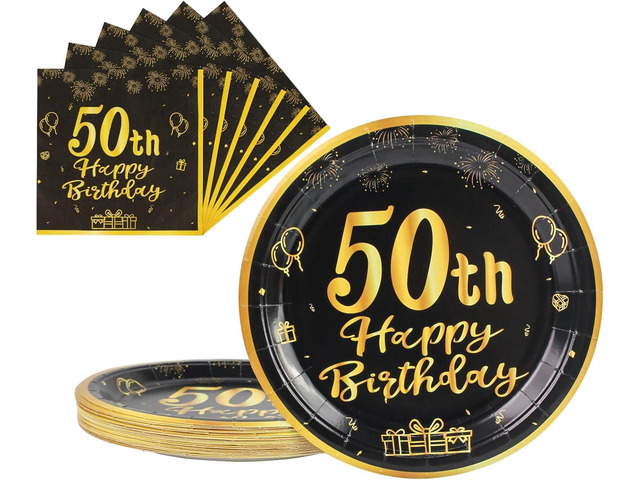 50th Paper Party Plates And Napkins 50pcs 9' Black Birthday Party Dessert Tableware Happy Birthday Decorations Party Supplies