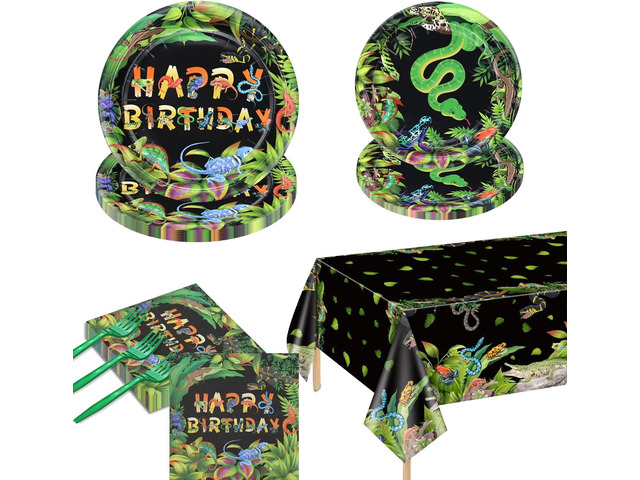 81Pcs Reptile Party Decorations Plates - Including Reptile Birthday Decorations Plates Napkins Wildlife Tablecloth for Jungle Safari Lizard Swamp...
