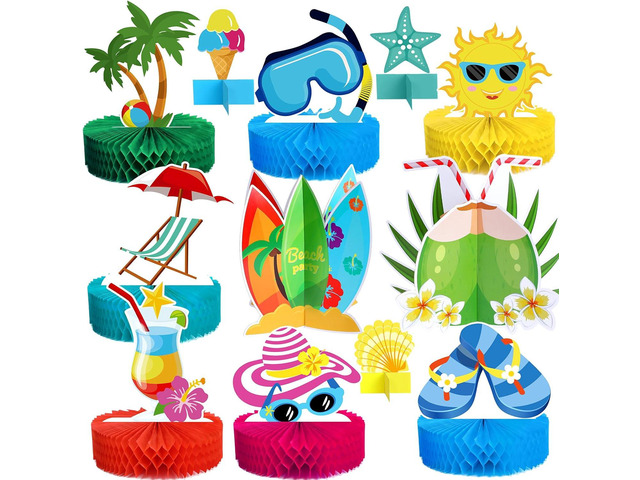 12 Pcs Beach Party Decorations Kit Beach Themed Honeycomb Centerpieces and Table Decor for Summer Pool Party Supplies Decorations