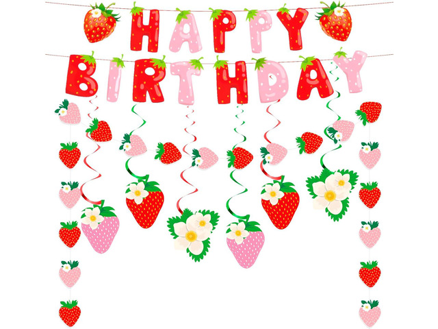 MEETINGU Happy Birthday Banner, Strawberry Theme Party Decoration Supplies for Women Kids Baby Shower Birthday Party Hanging Decorations...