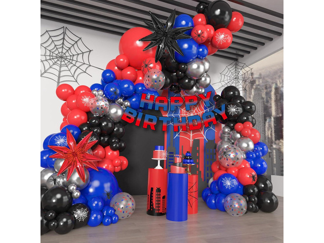 162Pcs Black Red and Blue Balloon Arch Garland Kit, Spider Theme Party Decorations with Star Foil Balloons Happy Birthday Banner for Man Boy Kids...