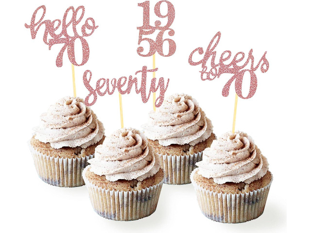 24 Pcs Glitter 70th Birthday Cupcake Toppers for Celebrating 70th Birthday Party Decorations for Seventy Years Old Birthday Party Supplies (Rose...