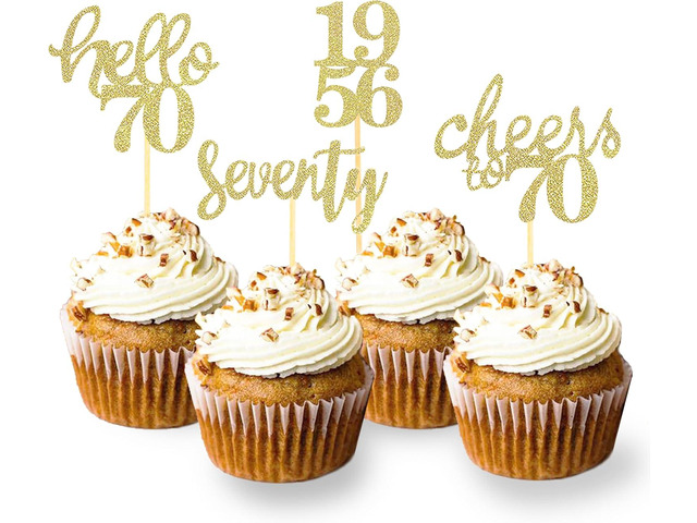 24 Pcs Glitter 70th Birthday Cupcake Toppers for Celebrating 70th Birthday Party Decorations for Seventy Years Old Birthday Party Supplies (Gold2)