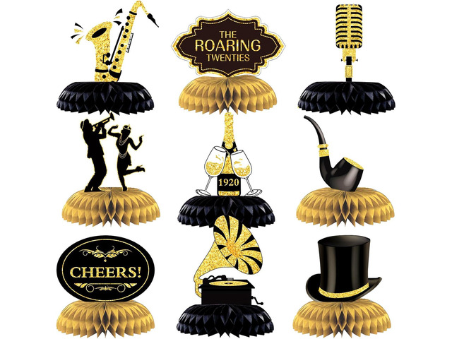 Epakh 10 Pcs Roaring 1920's Party Decorations Honeycomb Centerpiece Black and Gold Birthday Music Party Table for 1920s Birthday Speakeasy Vintage...