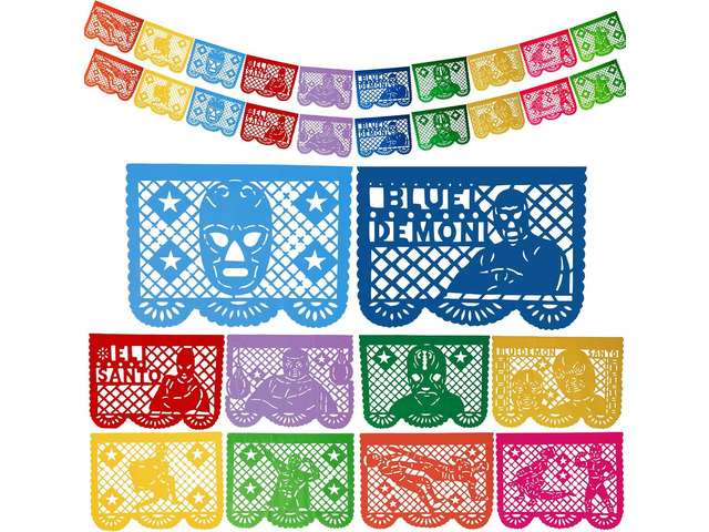 Lucha Libre Party Decorations PAPER Papel Picado Mexicano Banner Set (2 Pack, 10 Flags per Banner) Nacho Libre Luchador Party Supplies TexMex...