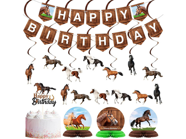 Tinlade 29 Pieces Horse Party Decorations Horse Birthday Banners Cowboy Hanging Swirls Hanging Cards Cupcake Toppers Honeycomb Centerpiece for...
