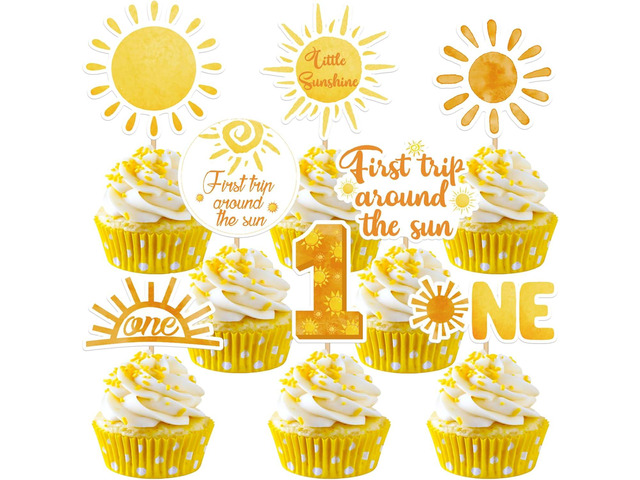 Weecent 48 Pcs First Trip Around The Sun Cake Topper, Sunshine Cupcake Toppers Sun Cupcake Toppers 1st Birthday Decorations for Girls 1st Trip...