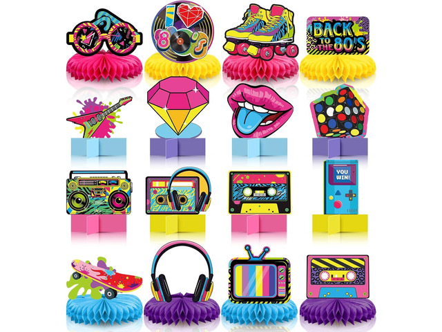 Pasimy 16 Pcs 80s Party Decorations 1980s Honeycomb Centerpieces 3D Hip Hop Table Toppers Back to The 80s Retro Rock Hippie Photo Props for...