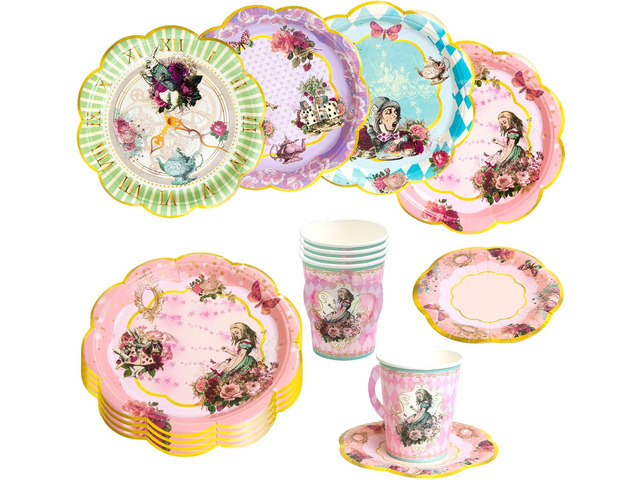 Alice and Wonderland Paper Plates and Cups Paper Saucers Mad Hatter Tea Party Alice Party Decorations Decor Baby Shower Birthday Favor Supplies